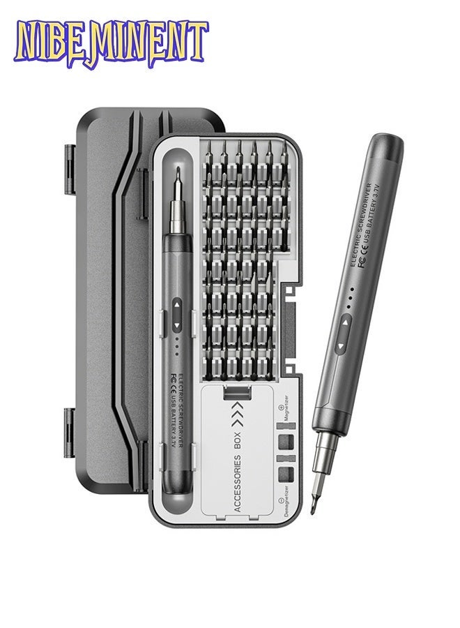 NIBEMINENT مجموعة مفكات كهربائية صغيرة 46 في 1 مع 38 رأس دقيق مغناطيسي، تعمل ببطارية ليثيوم قابلة للشحن عبر USB، مجموعة أدوات محمولة للاستخدام المنزلي، مجموعة أدوات إصلاح دقيقة للهاتف، الكمبيوتر المحمول، الكاميرا، الساعة، الكمبيوتر (رمادي) - Image 2